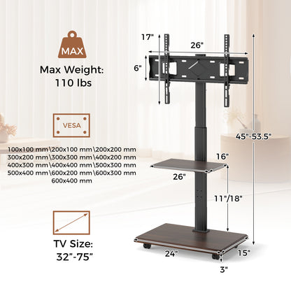 Rolling TV Stand on Wheels Mobile TV Cart for 32-75 Inch TVs Portable AV Cart, Black Entertainment Centers & TV Stands at Gallery Canada