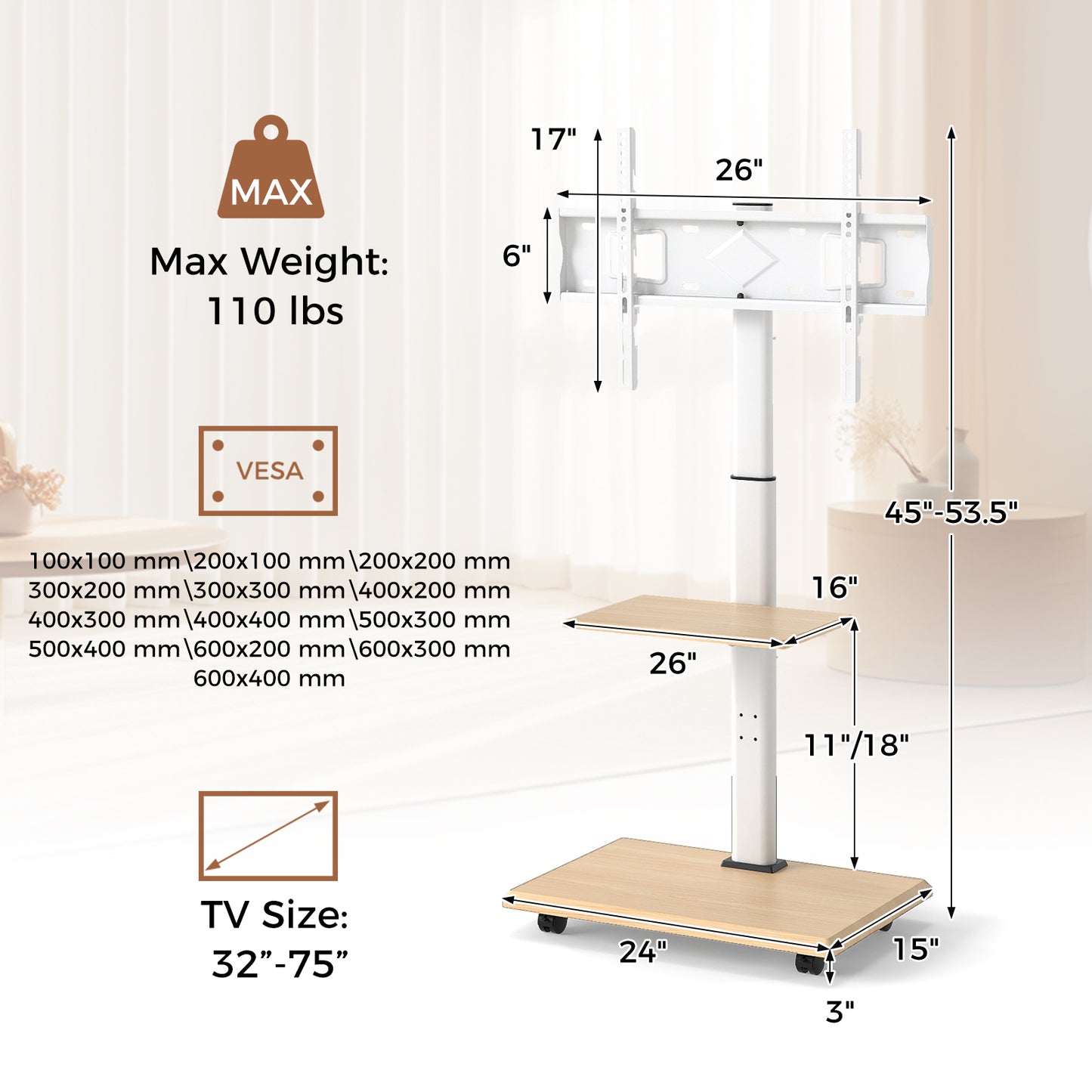 Rolling TV Stand on Wheels Mobile TV Cart for 32-75 Inch TVs Portable AV Cart, Natural Entertainment Centers & TV Stands at Gallery Canada