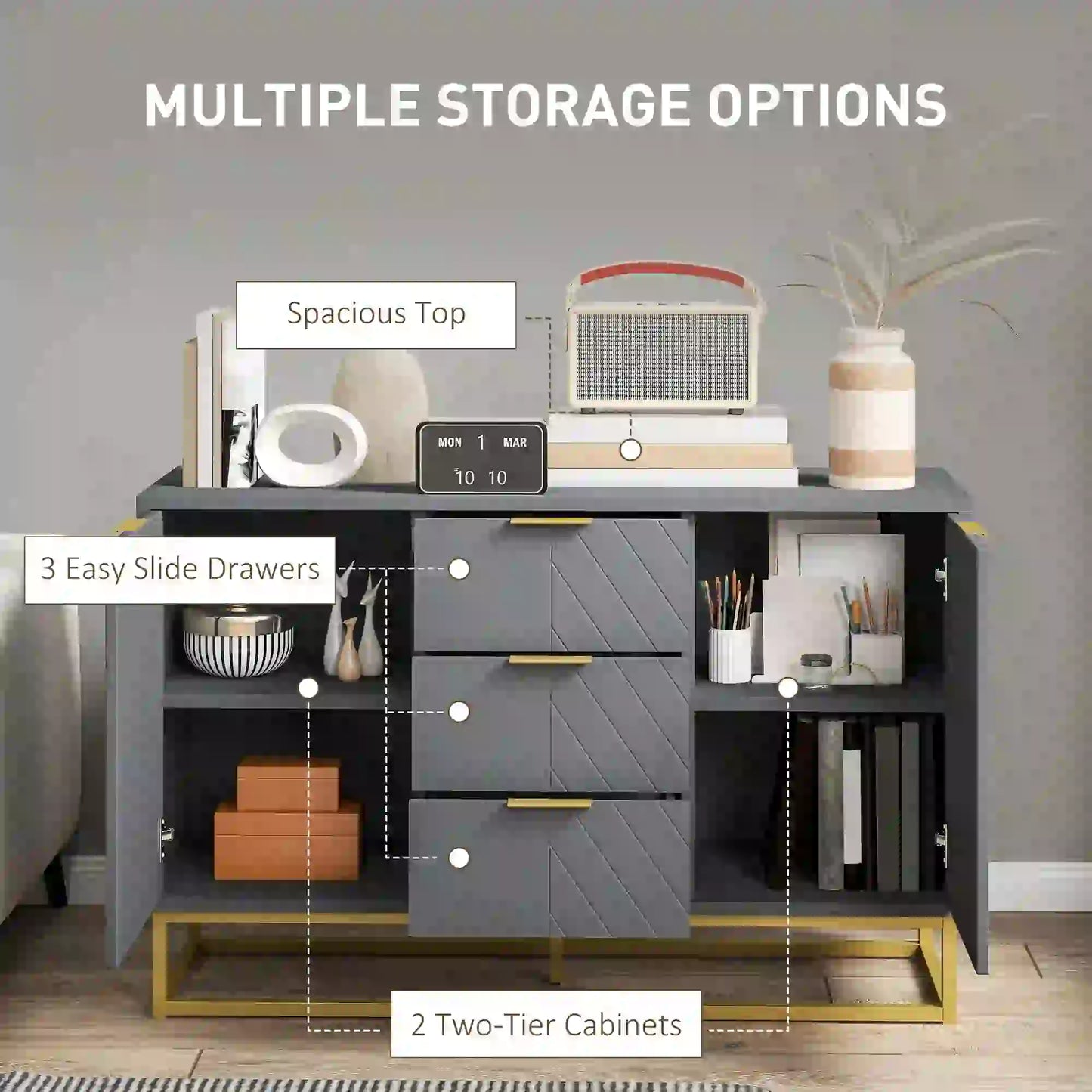 Sideboard Storage Cabinet, 3 Drawers, Adjustable Shelves, Grey Bar Cabinets at Gallery Canada