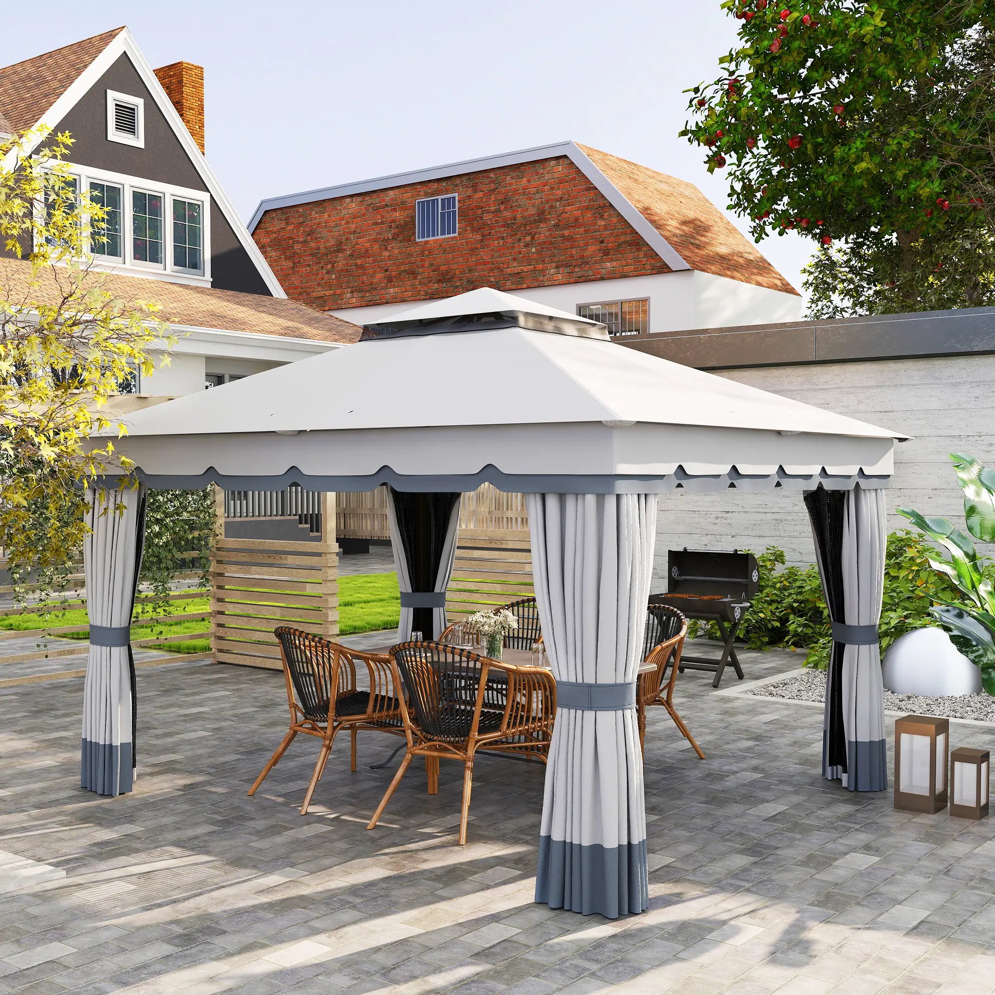 10' x 12' Double Roof Gazebo, Outdoor Shelter with Netting, Curtains Gazebos at Gallery Canada