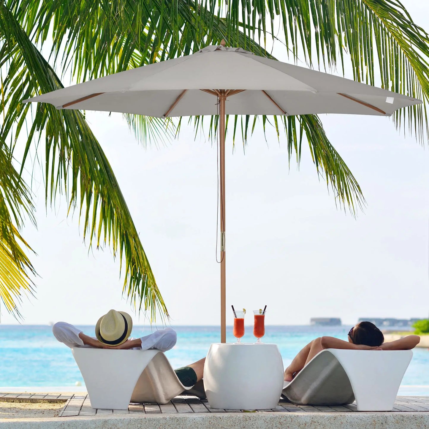10' x 8' Wooden Patio Umbrella, Bamboo Rib Sunshade, Grey Sun Umbrellas at Gallery Canada