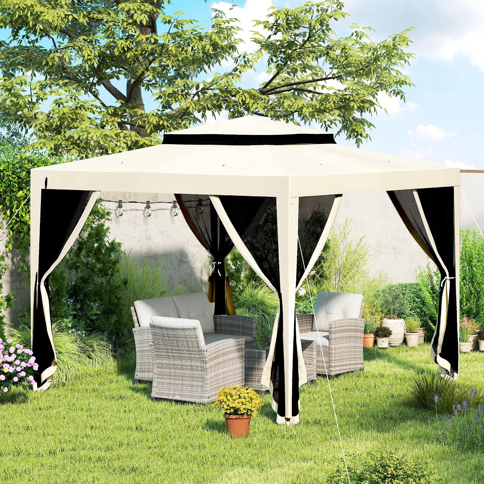 10' x 10' Outdoor Canopy Tent With Mesh Netting, Double Tier Roof, Beige Gazebos at Gallery Canada