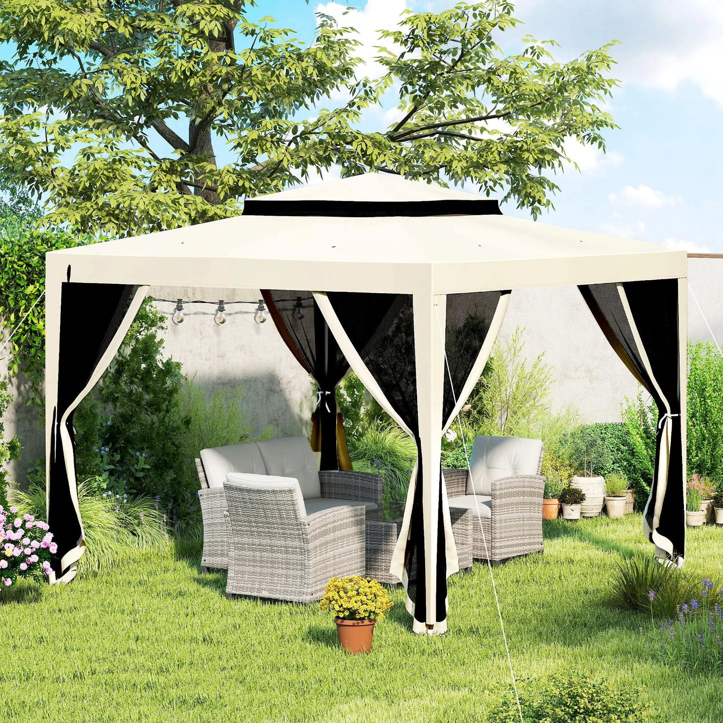 10' x 10' Outdoor Canopy Tent With Mesh Netting, Double Tier Roof, Beige Gazebos at Gallery Canada