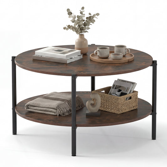 2-Tier Round Coffee Table with Open Shelf Coffee Tables Rustic Brown at Gallery Canada