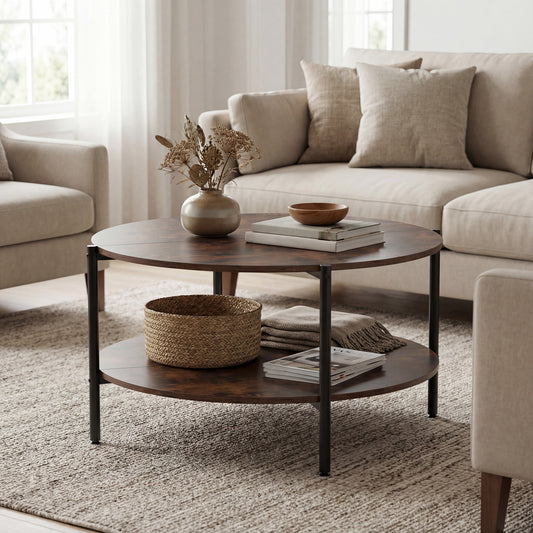 2-Tier Round Coffee Table with Open Shelf Coffee Tables Rustic Brown at Gallery Canada
