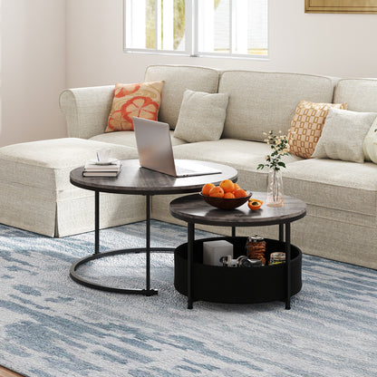 Round Coffee Table Set, 31.5" and 24", Fabric Storage Basket, Gray Coffee Tables at Gallery Canada