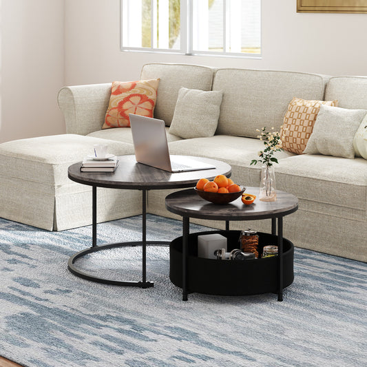 Round Coffee Table Set, 31.5" and 24", Fabric Storage Basket, Gray Coffee Tables Gray at Gallery Canada