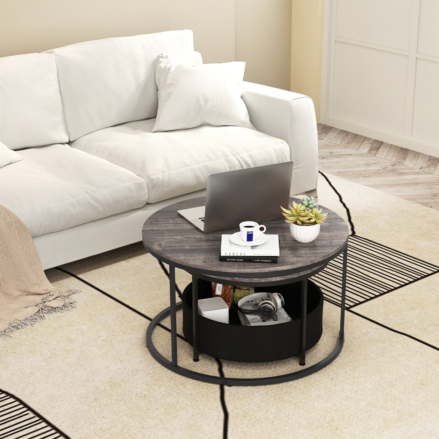 Round Coffee Table Set, 31.5" and 24", Fabric Storage Basket, Gray Coffee Tables at Gallery Canada