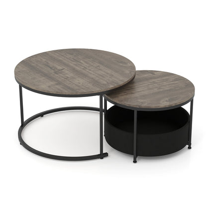 Round Coffee Table Set, 31.5" and 24", Fabric Storage Basket, Gray Coffee Tables at Gallery Canada