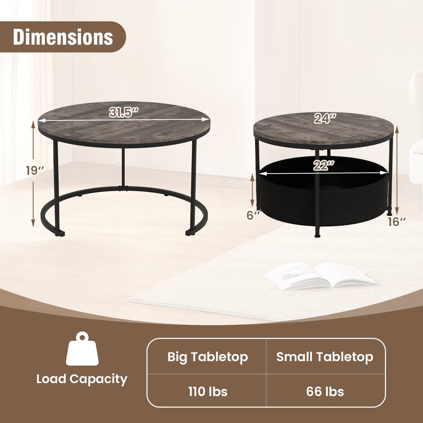 Round Coffee Table Set, 31.5" and 24", Fabric Storage Basket, Gray Coffee Tables at Gallery Canada