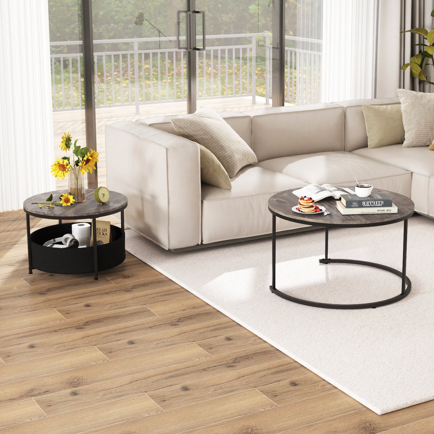 Round Coffee Table Set, 31.5" and 24", Fabric Storage Basket, Gray Coffee Tables at Gallery Canada