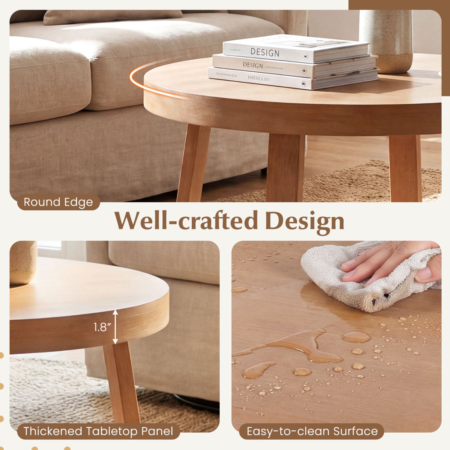 Round Coffee Table for Living Room 30 inch Farmhouse Accent Table with Study Rubber Wood Legs, Yellow Coffee Tables at Gallery Canada