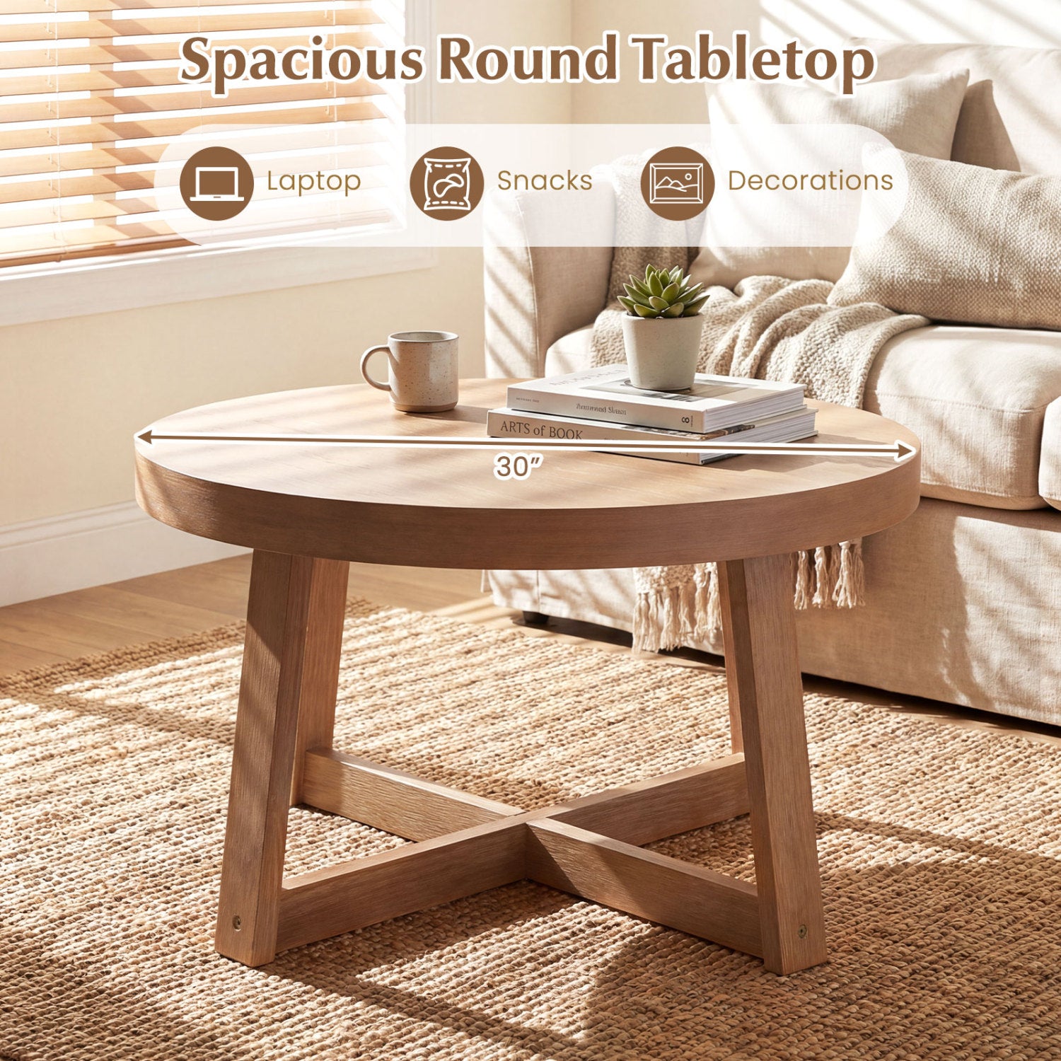 Round Coffee Table for Living Room 30 inch Farmhouse Accent Table with Study Rubber Wood Legs, Yellow Coffee Tables at Gallery Canada