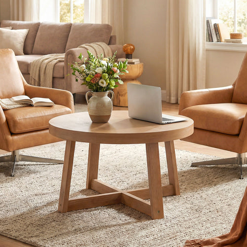 Round Coffee Table for Living Room 30 inch Farmhouse Accent Table with Study Rubber Wood Legs, Yellow