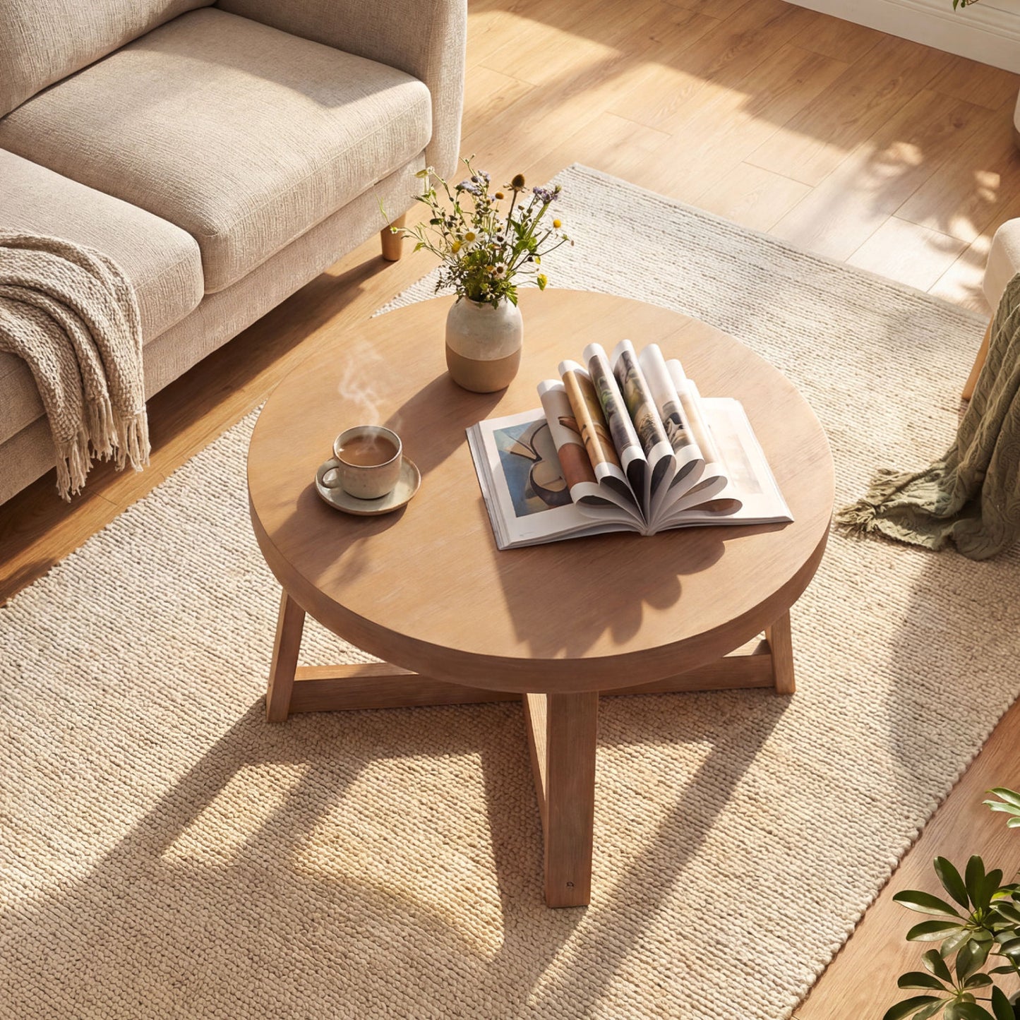 Round Coffee Table for Living Room 30 inch Farmhouse Accent Table with Study Rubber Wood Legs, Yellow Coffee Tables at Gallery Canada
