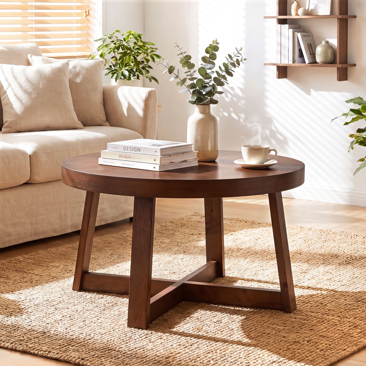 Round Coffee Table 30" Farmhouse Accent Table, Walnut