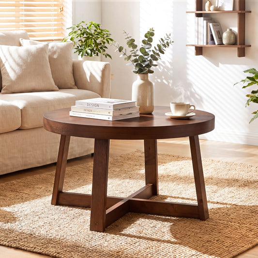 Round Coffee Table 30" Farmhouse Accent Table, Walnut Coffee Tables Walnut at Gallery Canada