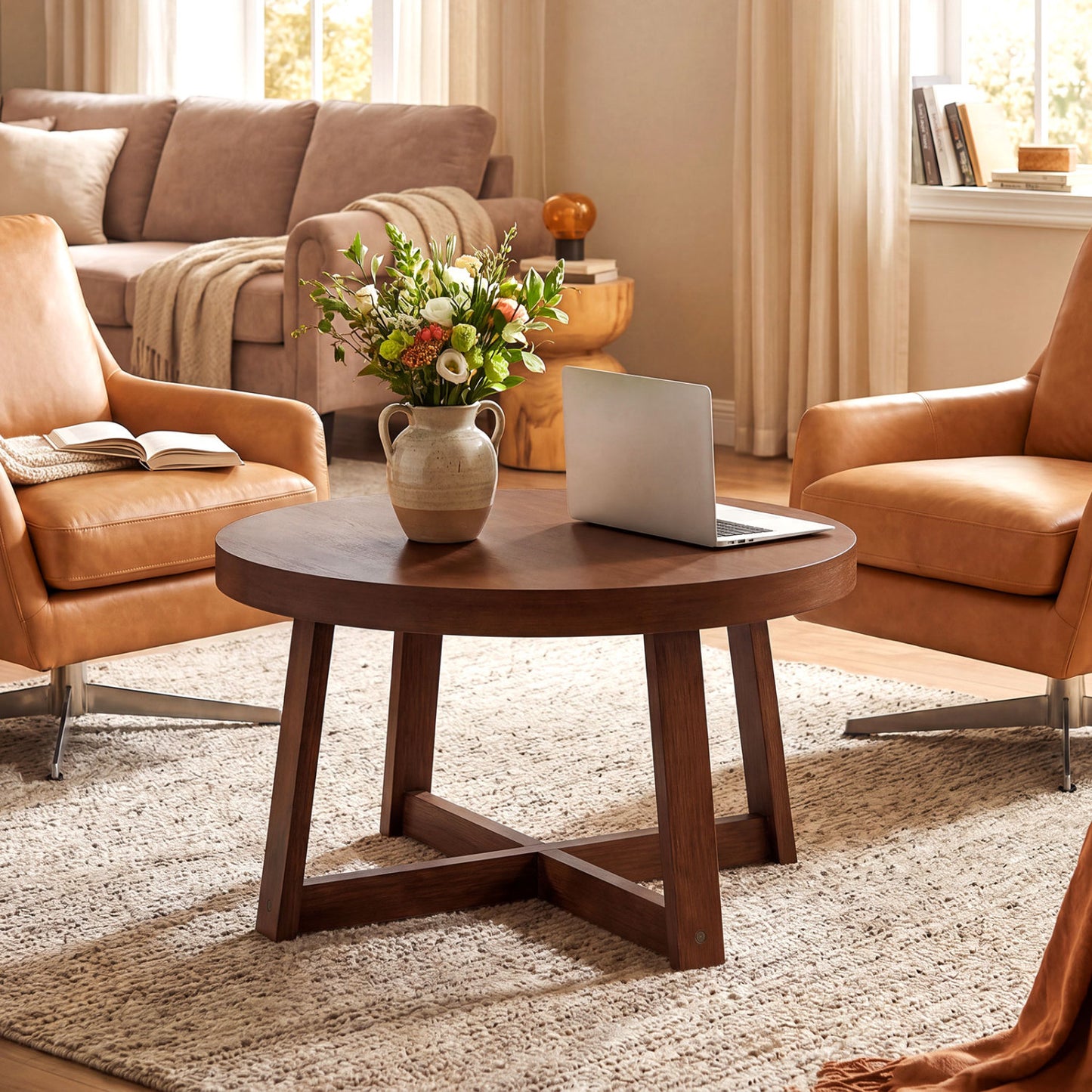 Round Coffee Table 30" Farmhouse Accent Table, Walnut