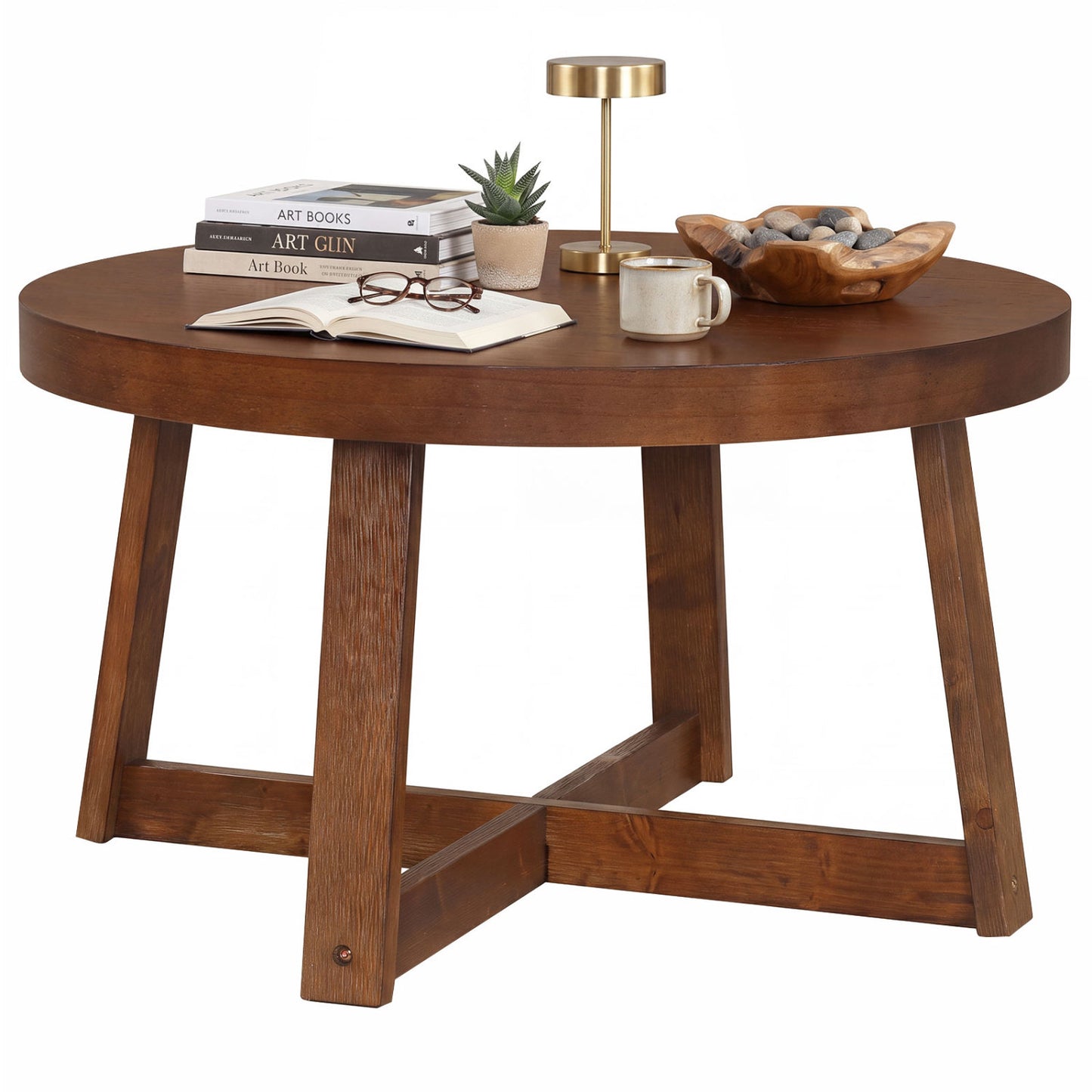 Round Coffee Table 30" Farmhouse Accent Table, Walnut