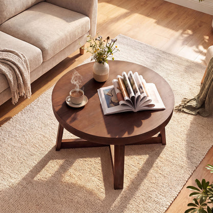 Round Coffee Table 30" Farmhouse Accent Table, Walnut