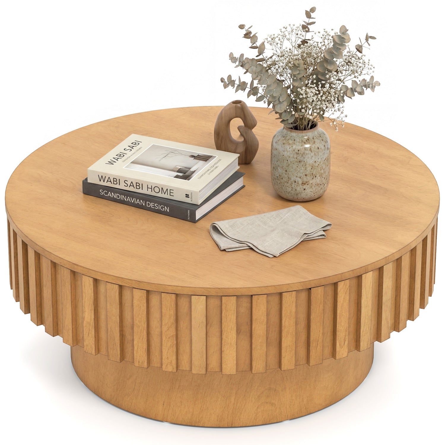 Round Wooden Drum Coffee Table With Storage, Natural Coffee Tables at Gallery Canada
