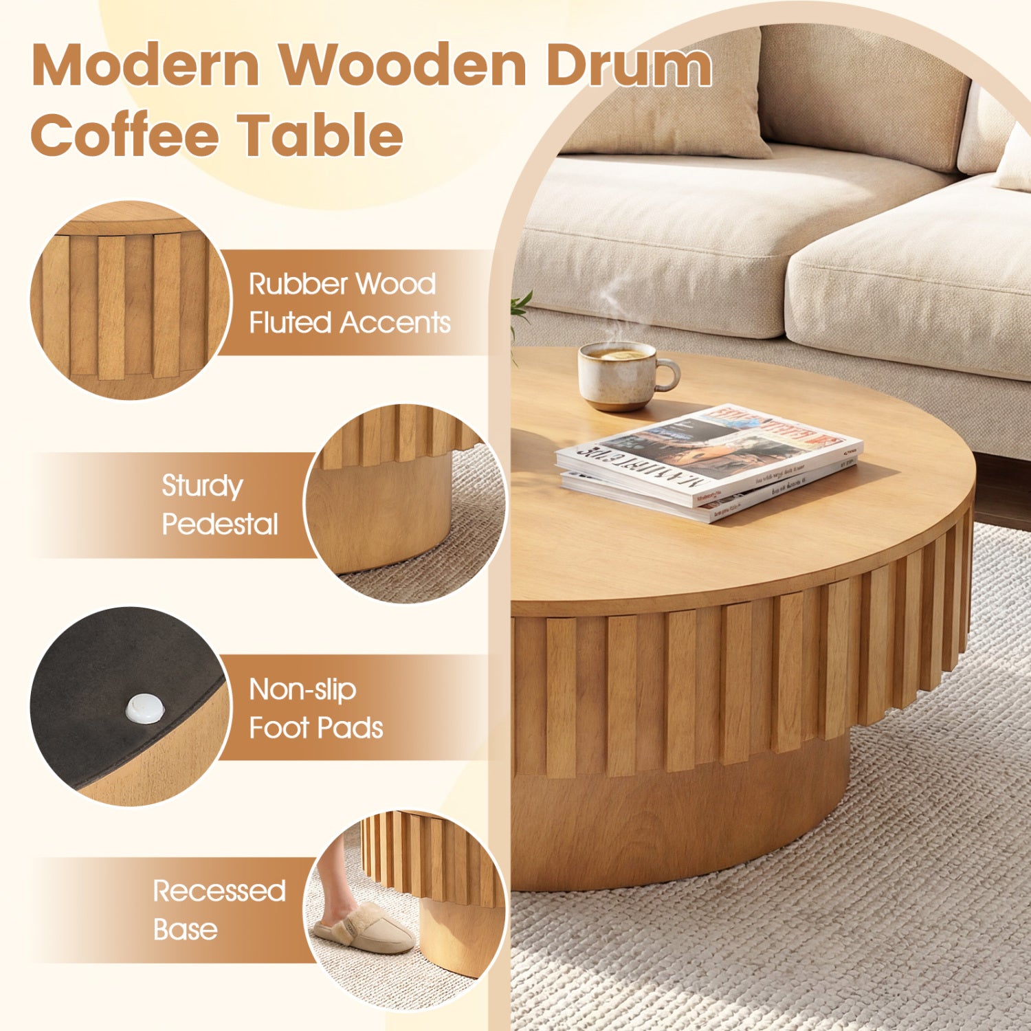 Round Wooden Drum Coffee Table With Storage, Natural Coffee Tables at Gallery Canada