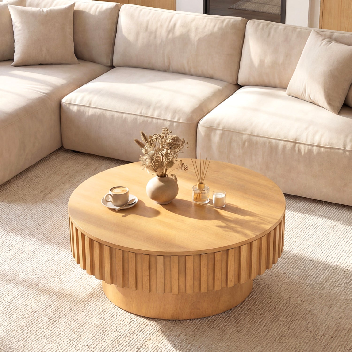Round Wooden Drum Coffee Table With Storage, Natural Coffee Tables at Gallery Canada