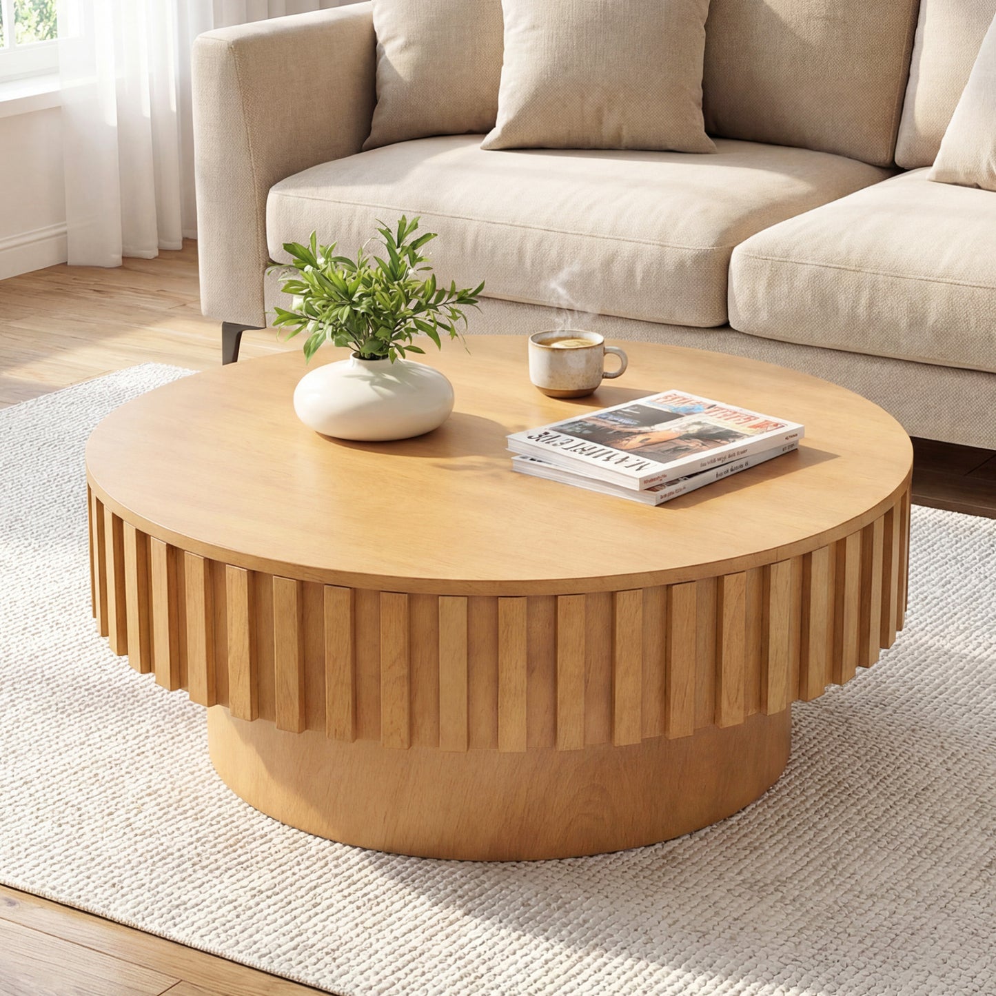 Round Wooden Drum Coffee Table With Storage, Natural Coffee Tables at Gallery Canada