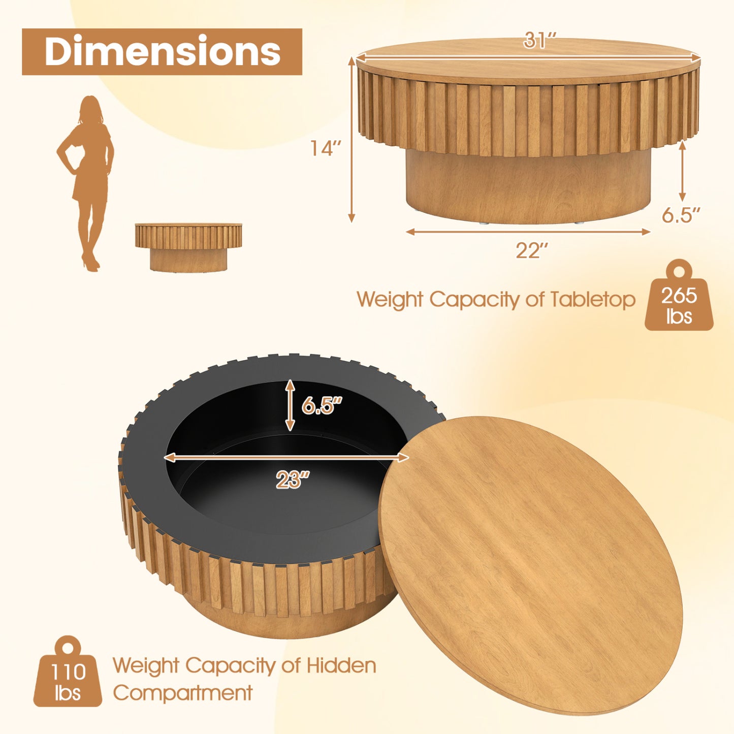 Round Wooden Drum Coffee Table With Storage, Natural Coffee Tables at Gallery Canada