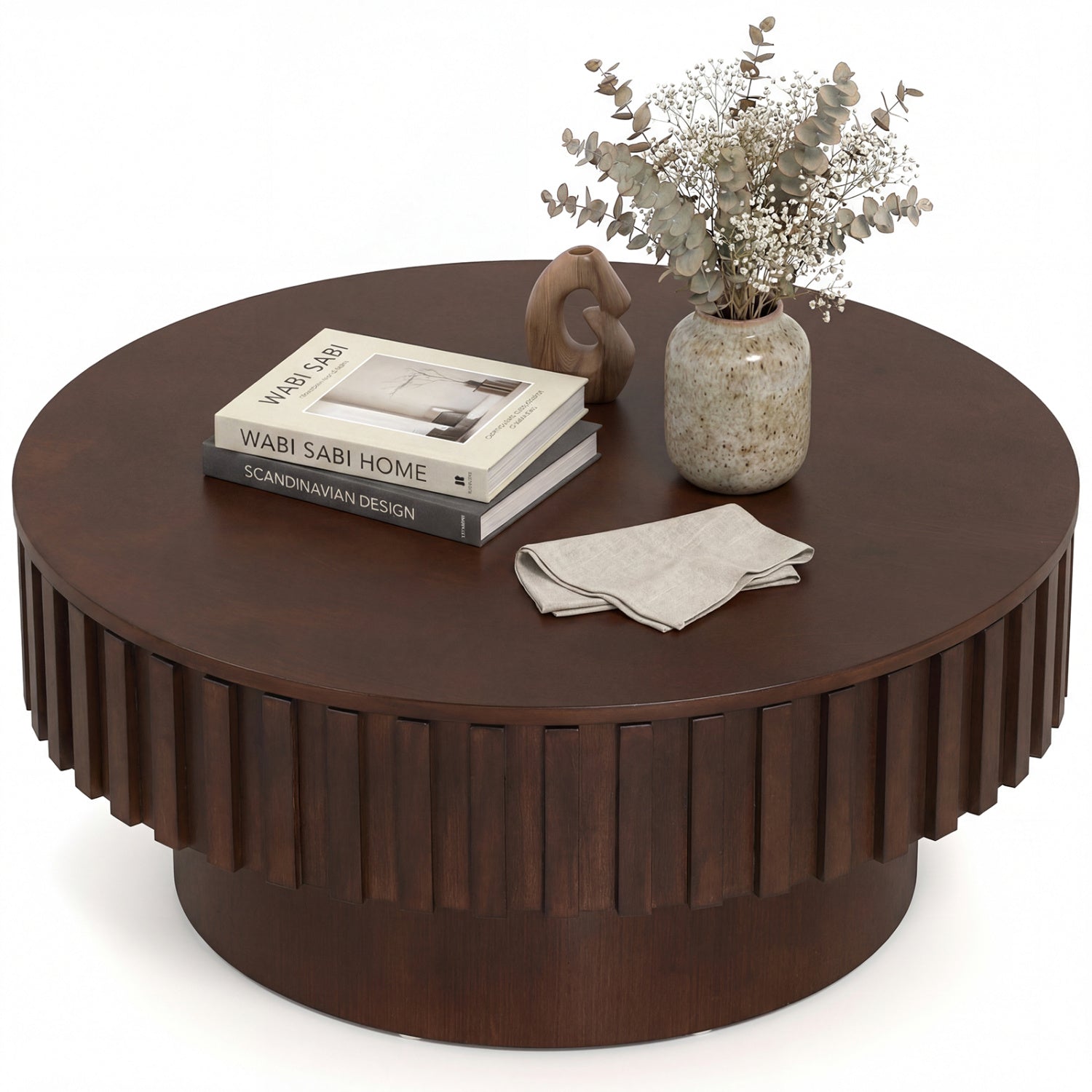 Round Wooden Drum Coffee Table With Storage, Hidden Compartment, Walnut Coffee Tables Walnut at Gallery Canada