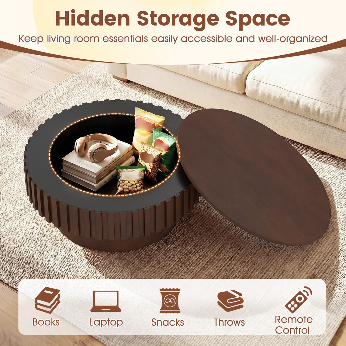 Round Wooden Drum Coffee Table With Storage, Hidden Compartment, Walnut Coffee Tables at Gallery Canada