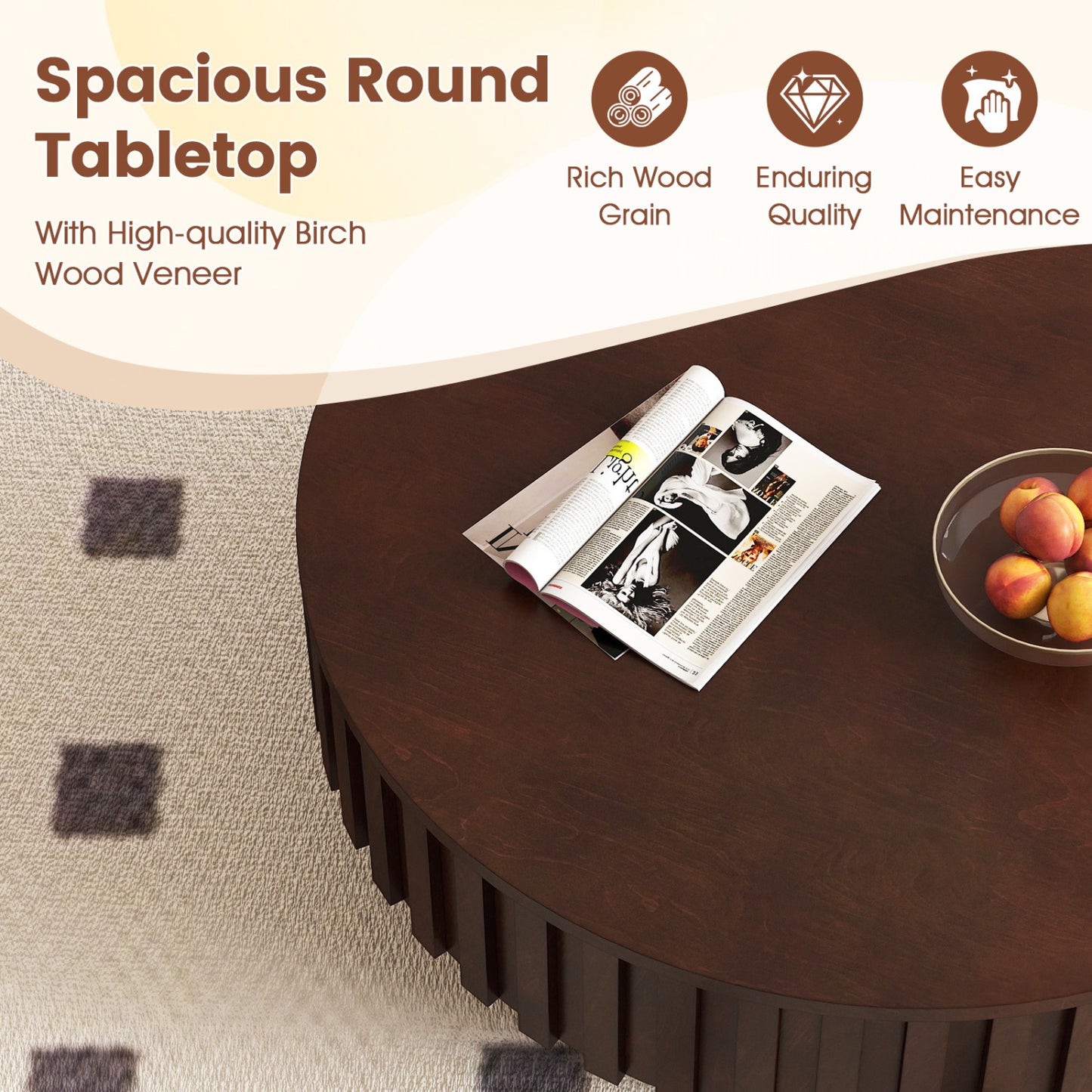 Round Wooden Drum Coffee Table With Storage, Hidden Compartment, Walnut Coffee Tables at Gallery Canada