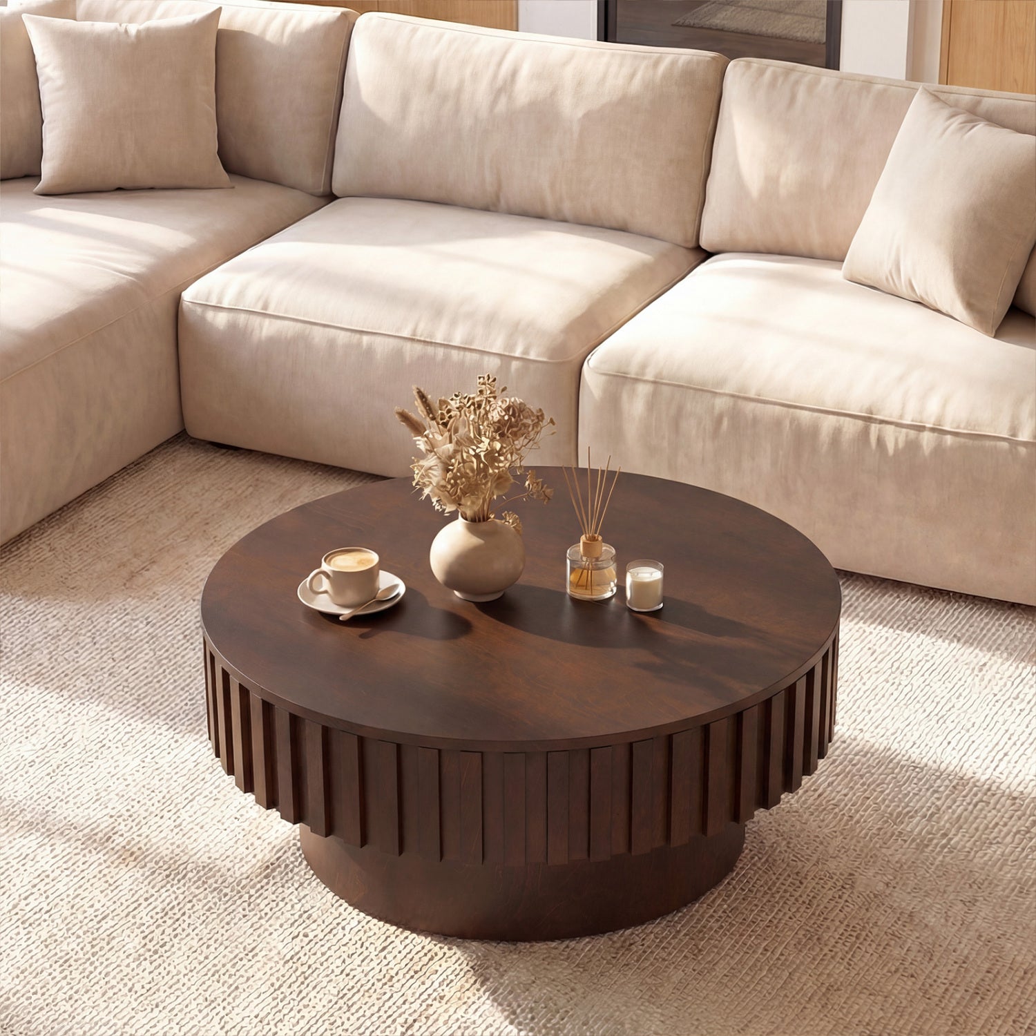 Round Wooden Drum Coffee Table With Storage, Hidden Compartment, Walnut Coffee Tables at Gallery Canada