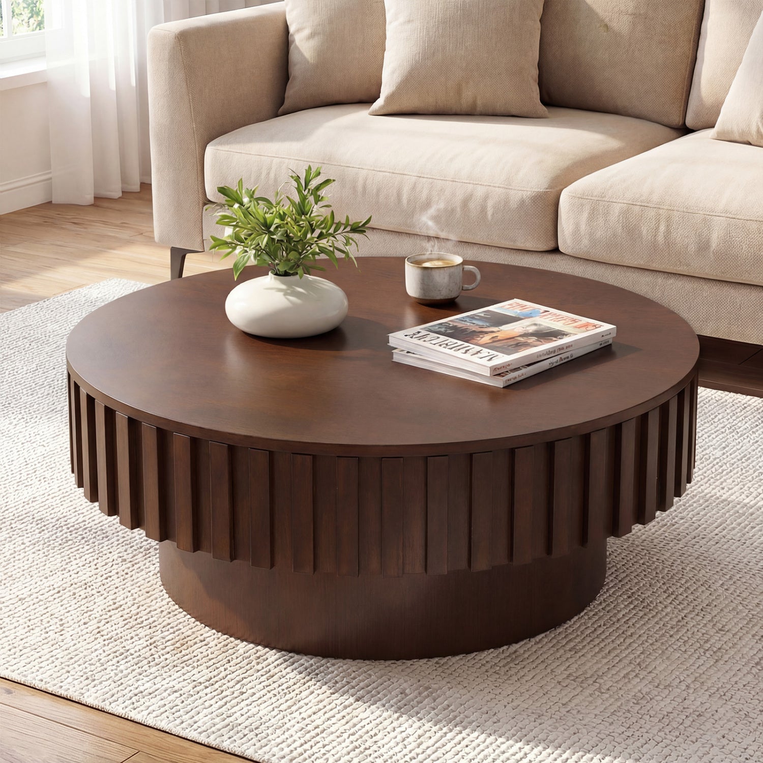 Round Wooden Drum Coffee Table With Storage, Hidden Compartment, Walnut Coffee Tables at Gallery Canada