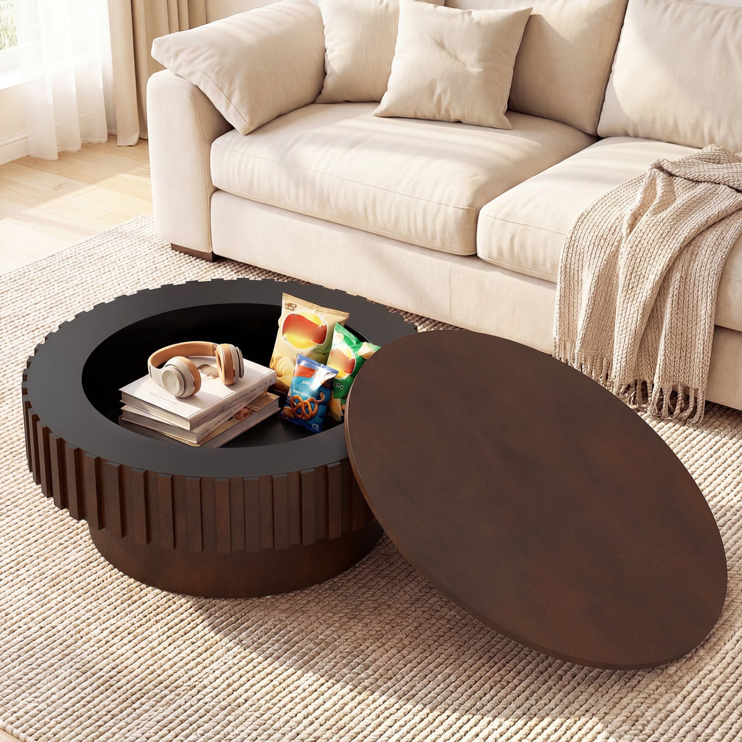 Round Wooden Drum Coffee Table With Storage, Hidden Compartment, Walnut Coffee Tables at Gallery Canada