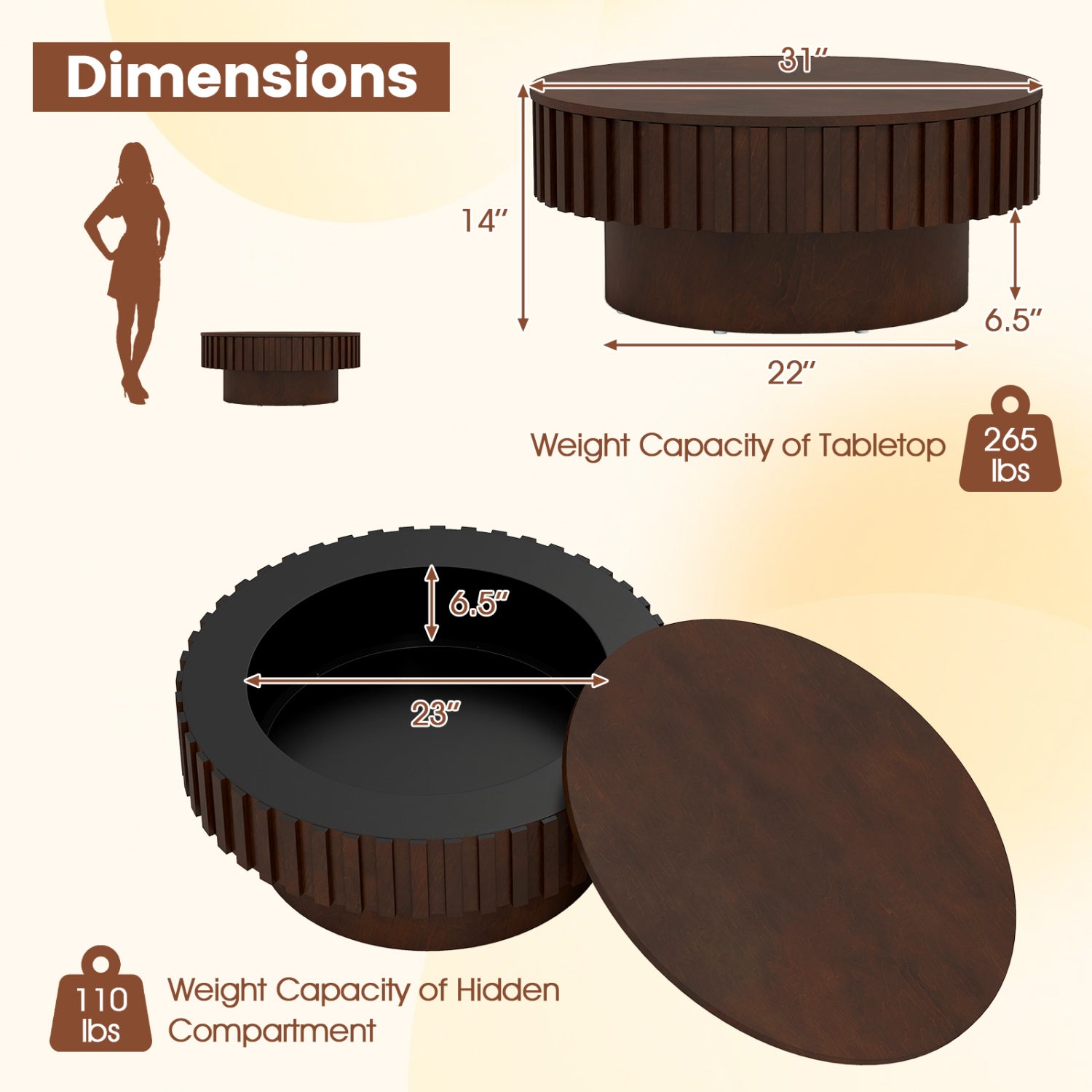 Round Wooden Drum Coffee Table With Storage, Hidden Compartment, Walnut Coffee Tables at Gallery Canada