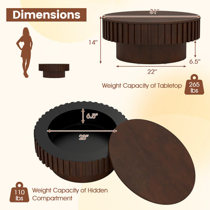 Round Wooden Drum Coffee Table With Storage, Hidden Compartment, Walnut Coffee Tables at Gallery Canada