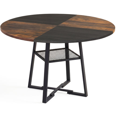 Round Dining Table For 4-6, Storage Shelf, Metal Legs, Rustic Brown