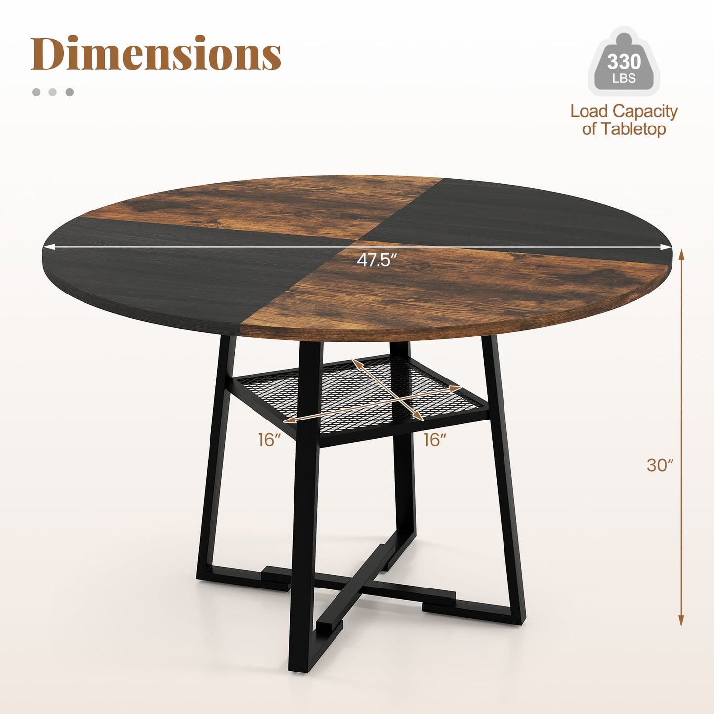 Round Dining Table For 4-6, Storage Shelf, Metal Legs, Rustic Brown Dining Tables at Gallery Canada