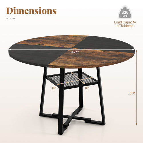 Round Dining Table For 4-6, Storage Shelf, Metal Legs, Rustic Brown