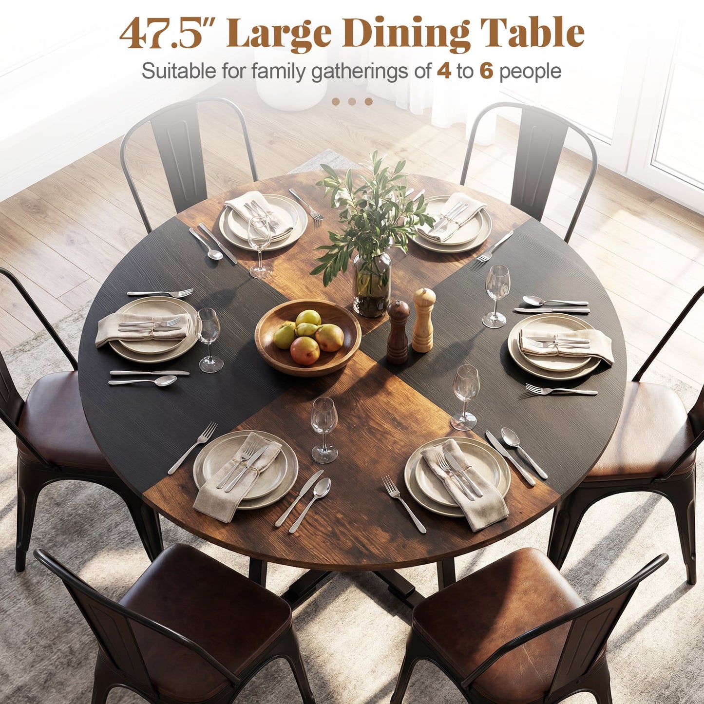 Round Dining Table For 4-6, Storage Shelf, Metal Legs, Rustic Brown Dining Tables at Gallery Canada