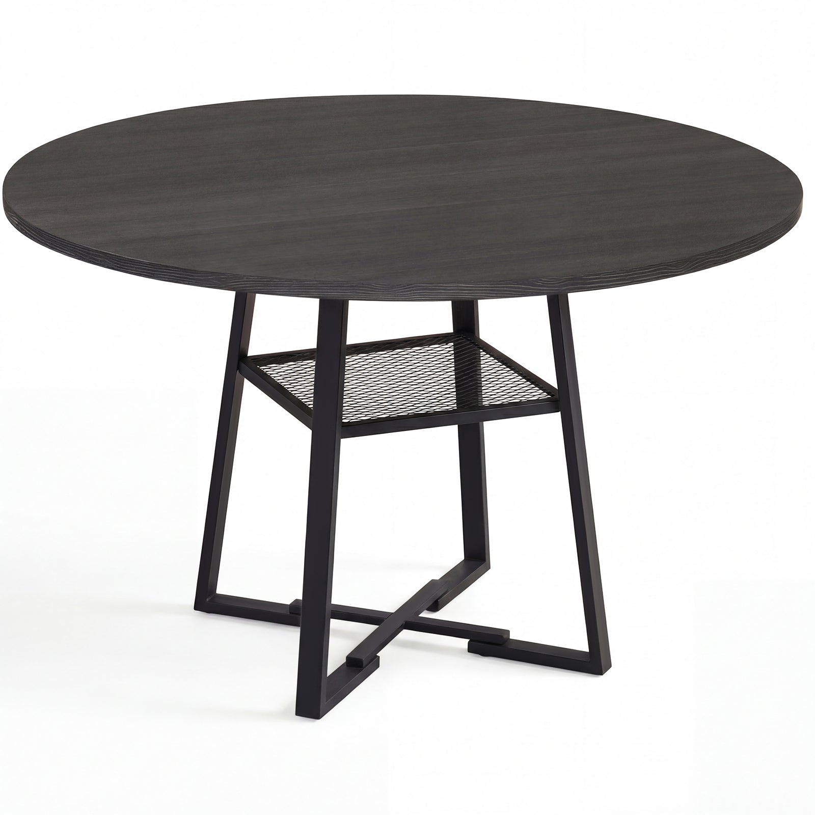 Round Dining Table For 4-6, With Storage Shelf And Metal Legs, Black