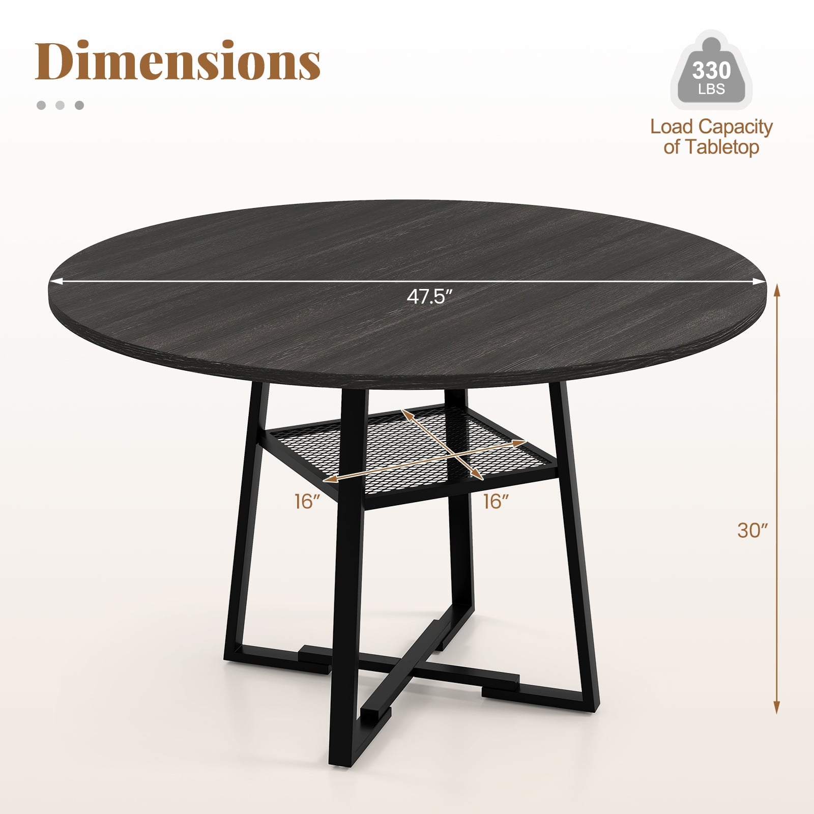 Round Dining Table For 4-6, With Storage Shelf And Metal Legs, Black