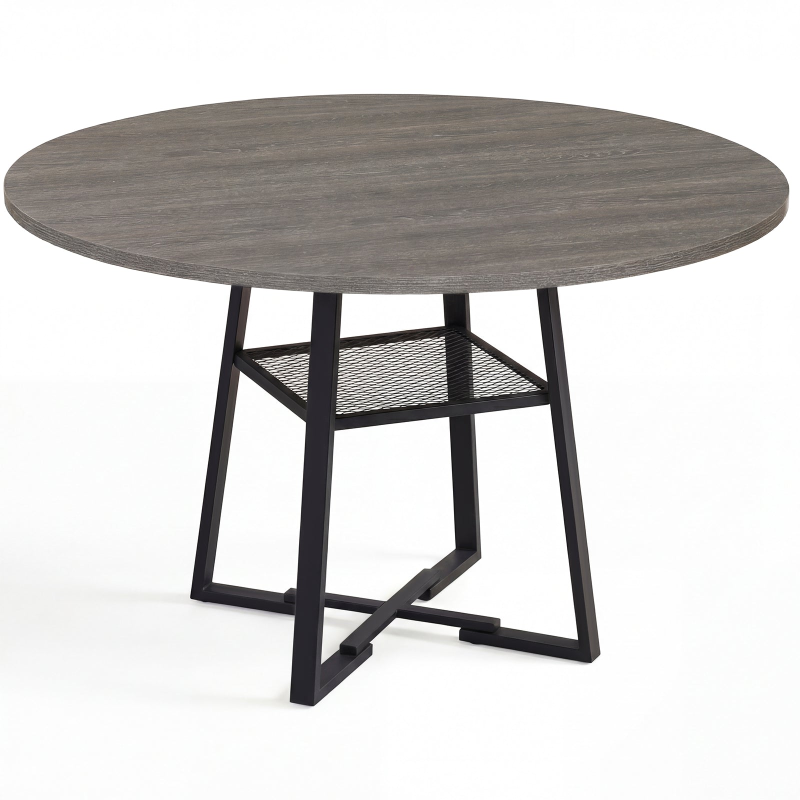Round Dining Table For 4-6, With Storage Shelf And Metal Legs, Gray