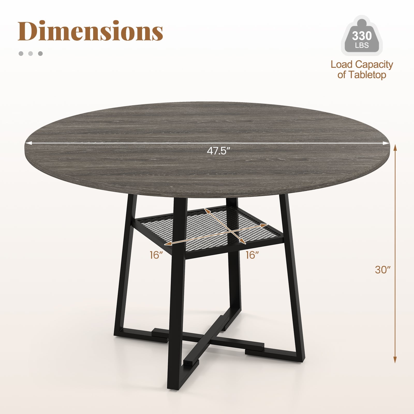 Round Dining Table For 4-6, With Storage Shelf And Metal Legs, Gray