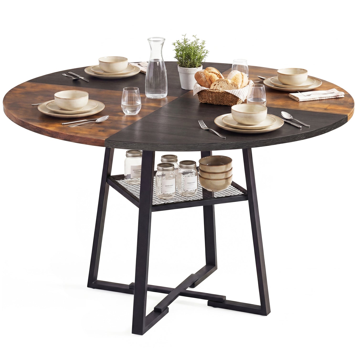 Round Dining Table For 4-6, Storage Shelf, Metal Legs, Rustic Brown Dining Tables at Gallery Canada