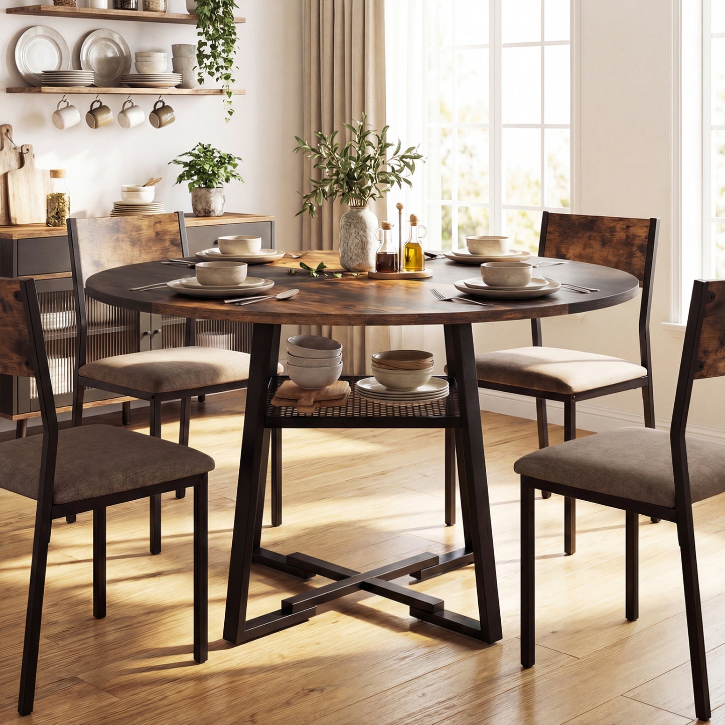 Round Dining Table For 4-6, Storage Shelf, Metal Legs, Rustic Brown Dining Tables at Gallery Canada