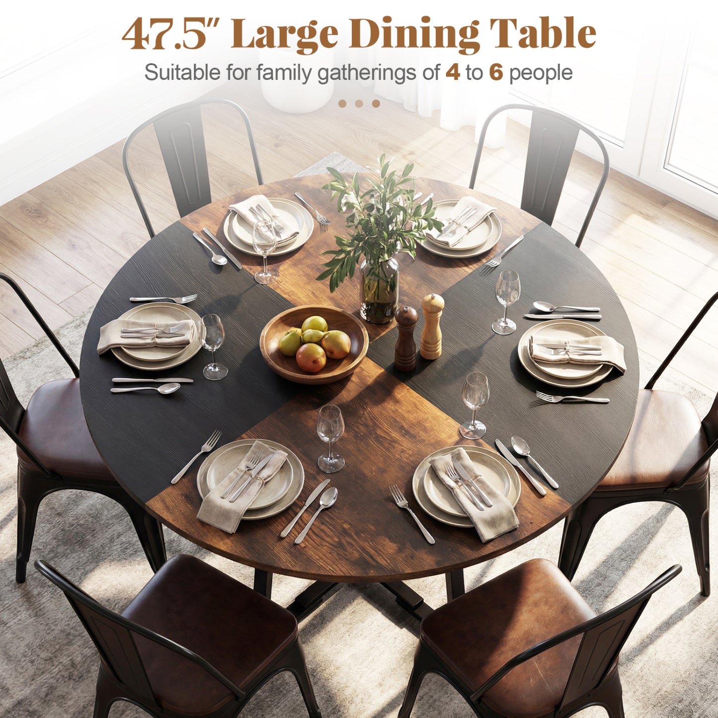 Round Dining Table For 4-6, Storage Shelf, Metal Legs, Rustic Brown Dining Tables at Gallery Canada