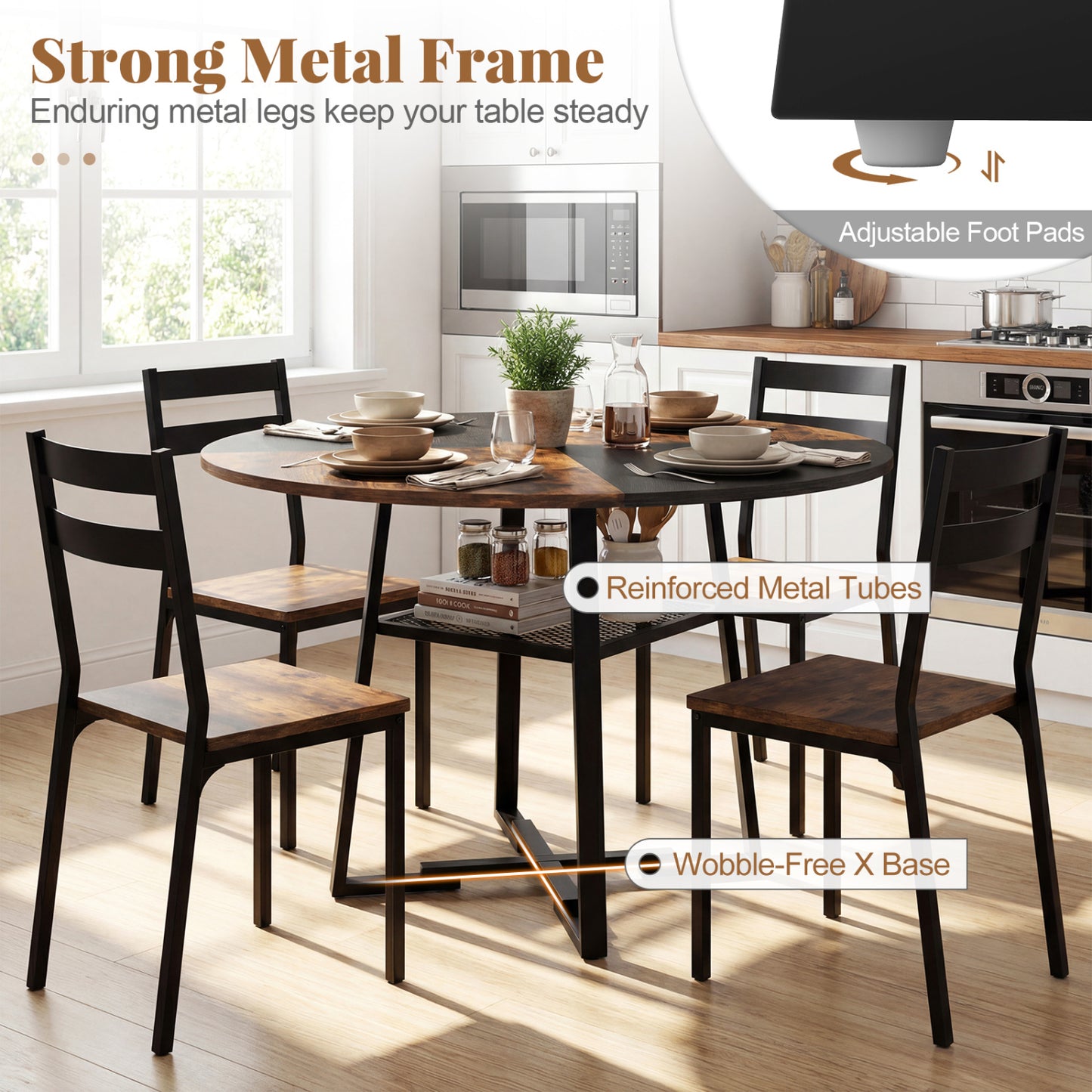 Round Dining Table For 4-6, Storage Shelf, Metal Legs, Rustic Brown Dining Tables at Gallery Canada