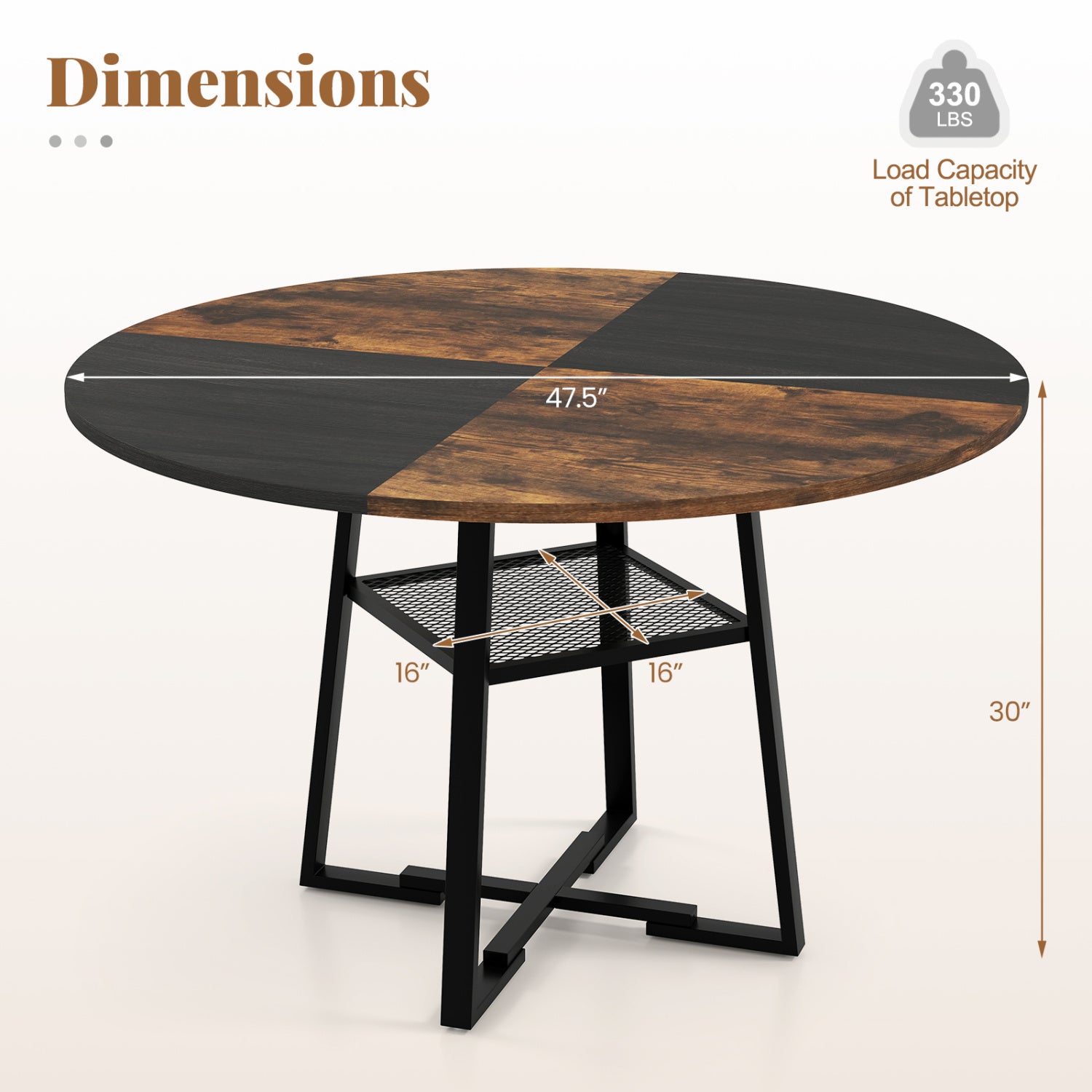 Round Dining Table For 4-6, Storage Shelf, Metal Legs, Rustic Brown Dining Tables at Gallery Canada